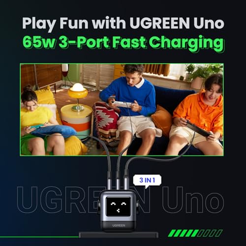 UGREEN Uno 65W USB C Charger Block, Nexode 3-Port GaN Fast Charger with Screen, Fun Robot Gifts for Men Women, Compatible with iPhone 17, MacBook Pro/Air, XPS, Galaxy S25, Steam Deck, ROG Ally, Black - Image 4