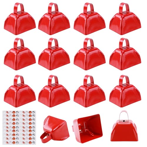 cyrico Cow Bell 15 Pack Small Cowbells for Sporting Events 3 Inch Loud Noise Makers for Cheering Bulk Red Metal Hand Percussion Alarm Call Bells with Handle for Football Games Weddings Celebrations