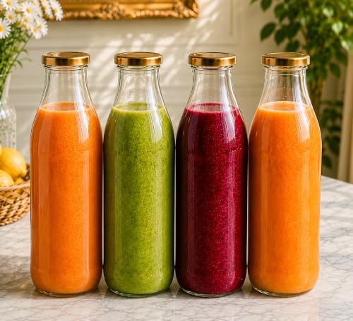 Image of Pure Source India 1 Litre Glass Bottle with Gold Metal Lid - Reusable, BPA-Free, Leak-Proof Beverage & Milk Storage Container (Set of 4)