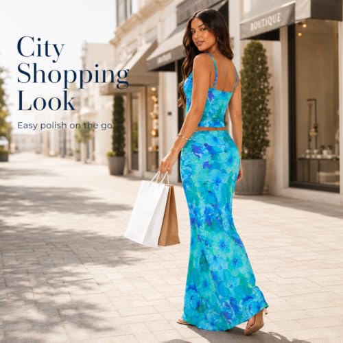 Image of Two Piece Skirt Set Women Maxi Long Skirt and Top Outfit | Soft stretchy 5 pc, slim bodycon, adjustable spaghetti straps, ruched crop tank, elastic waist, going out, beach vacation