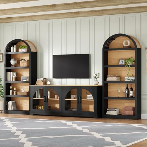 Merax Vintage Farmhouse TV Stand Set for TVs Up to 70 with Bookshelves Two-Tone & Arched Design Entertainment Center with Tempered Glass Doors 3-Piece Retro Media Console Sideboard Black