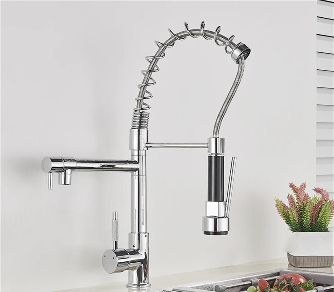ZQFHSX d Black Spring Kiten Faucet Pull Down Dual Spouts 360 Swivel Handheld Hot and Cold Water Mixer Tap 2 Outlets LWX