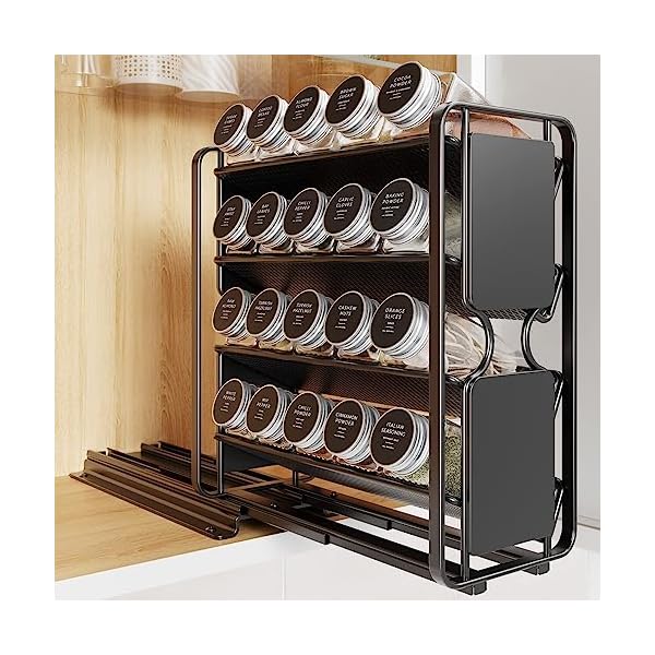 LIVOD Spice Rack Organizer for Cabinet, Pull Out Spice Rack with 20 Jars, Spice Organizer for Cabinet with Labels and Chalk Maker, 4 Tier Sliding Cabinet Spice Organizer, 4.5"W × 10.6"D × 11.6"H, Black