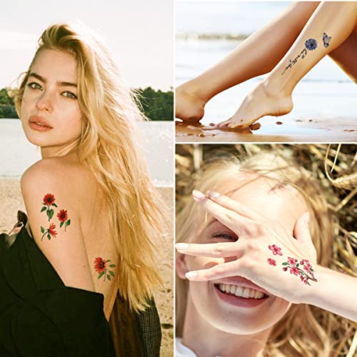 Viwieu Flower Temporary Tattoos Summer Beach Rose Lily Sunflowers Body Decoration Stickers For Women Teen Girls, 12 Sheets Medium Size Floral Water Transfer Fake Tattoo Art Stickers For Festival Halloween Makeup Costume Party #TOP2