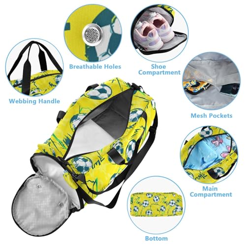Gym Travel Duffle Bag for Boys Girls Yellow Football Game Pattern Sports Dance Bag with Shoe Compartment & Wet Pocket Football Kids Travel Bag Teens Sleepover Carry4