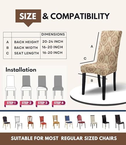 BRIDA® Polyester Spandex Stretchable Floral Geometric Printed Dining Chair Covers Elastic Chair Seat Case Protector, Slipcovers (6 Chair Cover, Damask Brown)