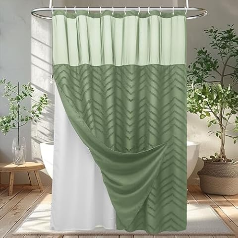 Sage Green Boho Shower Curtain with Snap in Liner Replacement Fabric Shower Curtain 71 x 72 Waterproof & Washable Mesh Top Window Modern Farmhouse Tufted Chevron Textured Striped for Bathroom Hotel Cover