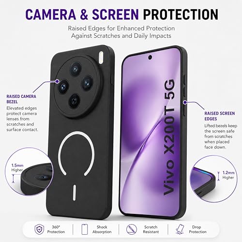 Image of SBMS Silicone Back Cover Case for Vivo X200T 5G | Soft Micro-Fibre Lining Inside | Magsafe Print On Back Side Camera Protection Bump | Shockproof Case for Vivo X200T 5G (Black)