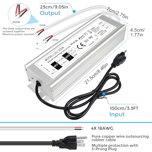 Image of LightingWill LED Driver 300 Watts Waterproof IP67 Power Supply Transformer, 110-260V AC to 24V DC Low Voltage Output, Adapter with 3-Prong Plug 3.3 Feet Cable for Outdoor Use, Computer Project