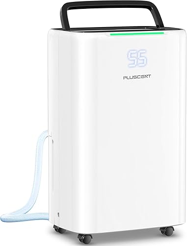 Deshumidificador PLUSCENT Max de 5000 pies cuadrados para sótano con manguera de drenaje, deshumidificadores PLUSCENT Max de 52 pintasdía para el