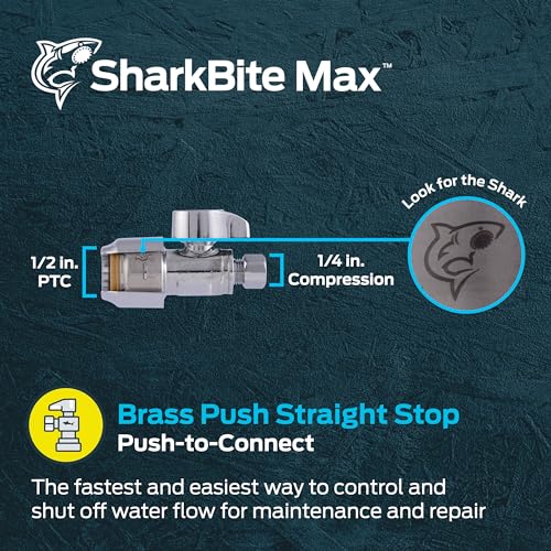 Image of SharkBite Max 1 /2 x 1 /4 Inch Compression Straight Stop Valve, Quarter Turn, Push to Connect Brass Plumbing Fitting, PEX Pipe, Copper, CPVC, PE-RT, HDPE, UR23337