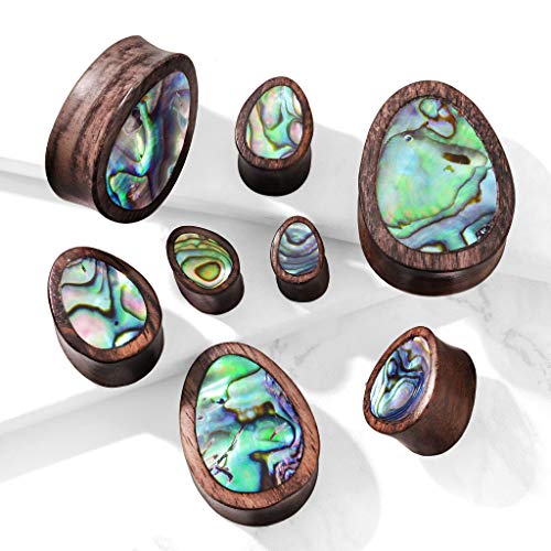 Pierced Owl - Abalone Inlaid Sono Wood Tear Drop Saddle Plugs, Sold as a Pair4