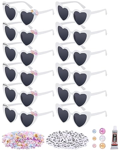 Xuhal 12 Pairs White Heart Party Sunglass Bulk Wedding Bridesmaid Bachelorette Glasses with DIY Letter Bead Pearl for Party