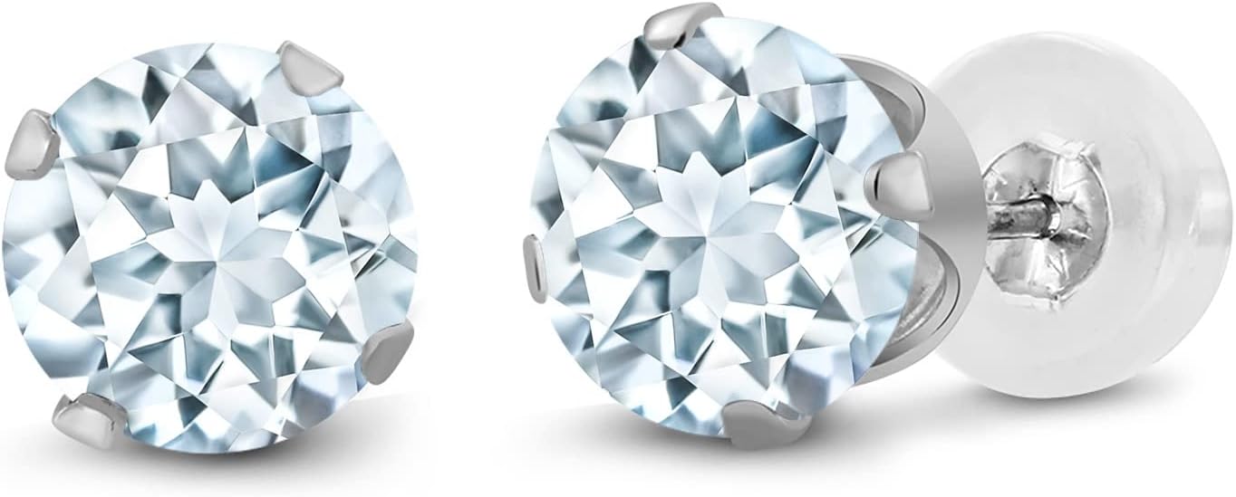 Gem Stone King 10K White Gold Gemstone Birthstone Stud Earrings | 6MM Round | White Gold Earrings For Women Men