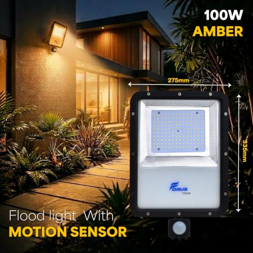 Image of Forus 100W LED Flood Light Amber with Motion Sensor Auto On Off Day Night Mode Waterproof Outdoor Security Light for Garden Parking Garage Factory Backyard Shop High Bright Floodlight 4Yr Warranty-1Pc