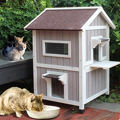 Feral Cat Shelter Outdoor With Escape Door Rainproof Outside Cat House Two Story For Three-Four Cats #TOP5