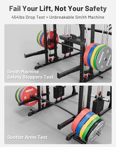 Mikolo Smith Machine with Weight Stack, 2200lbs Squat Rack with LAT-Pull Down System & Cable Crossover Machine, Multi-Function Power Cage, Black