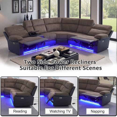 Image of Power Recliner Sectional Sofa Set with LED Lights, L Shaped Reclining Sectional Couch and Chair, Breathing Leather & Corduroy Sofa Set with Coffee Table /USB Port for Living Room
