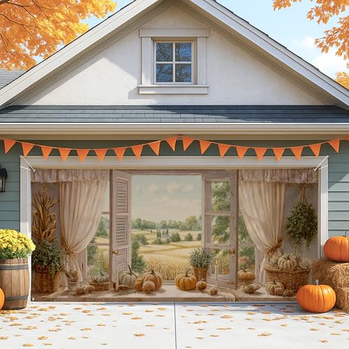 Copertura per porta del garage autunnale rustico finestra vintage con zucche e grano grandi decorazioni per porte del decorazione per esterni e interni sfondo per feste di