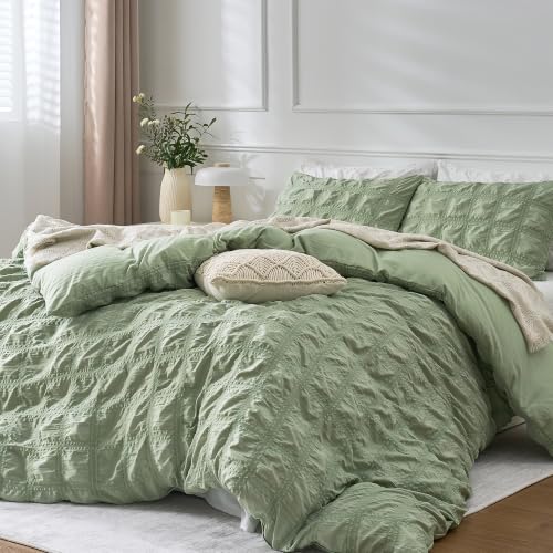 Image of JELLYMONI Seersucker Duvet Cover Set Full, 3pcs Light Green-Grid Polyester | In Guest Room & Studio, Single Upgrades Pick, Crinkled Texture, Oeko-Tex Certified, 8 Corner Ties & Hidden Zipper