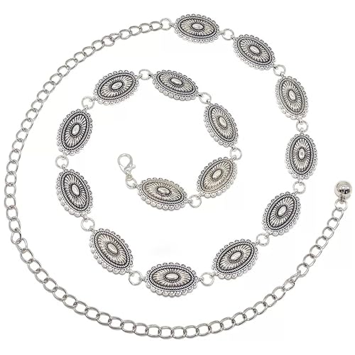 UTOWO Boho-Style Concho-Oval Women-Belt for Dresses Jeans Western-Cowgirl Metal-Chain-Belt Adjustable fit for 26-40