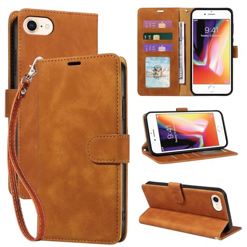 JHWVVTF for iPhone SE 2020/2022 Case Wallet, for iPhone 6/6S/7/8 Case, [RFID Blocking 3 Card Slots] 2025 Soft PU Leather Phone Cover, Wrist Strap, Shockproof Protective, Stand Flip (Brown)