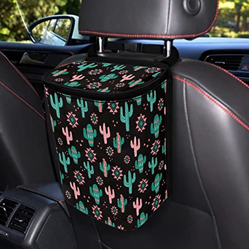 Image of Green Cactus Aztec Car Trash Can Mini Auto Garbage Bin with Lid Lightweight Hanging Car Rubbish Bags for Back Front Seat