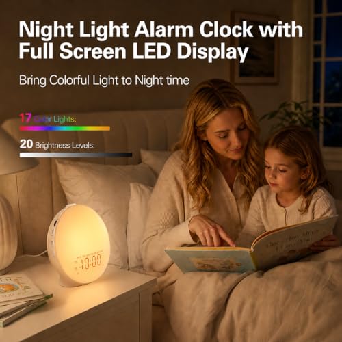Image of JALL Full Screen Dimmer Sunrise Alarm Clocks for Bedrooms, Wake Up Light with FM Radio, 25 White Noise Sleep Sounds, Bluetooth Speaker, Dual Alarms Bedside Clock for Heavy Sleepers