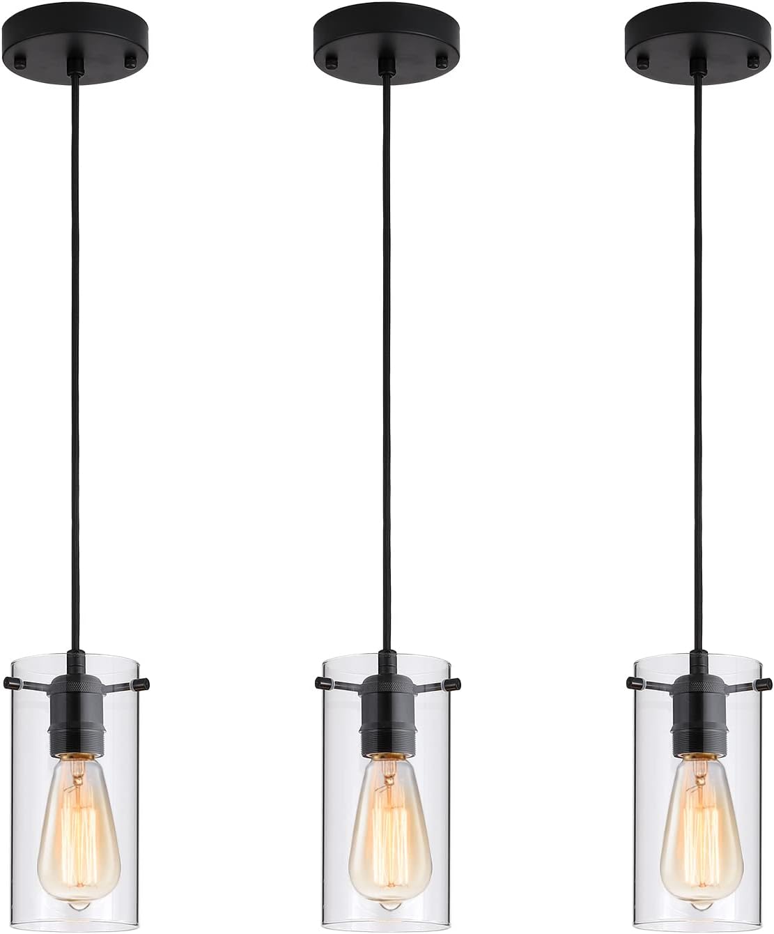Industrial Transparent Pendant Light, Modern Small Cylindrical Glass Hanging Light Fixtures with Clear Lamp Shade, Adjustable Nylon Core Height Lighting for Kitchen Island 3 Packs(Bulb Not Included)
