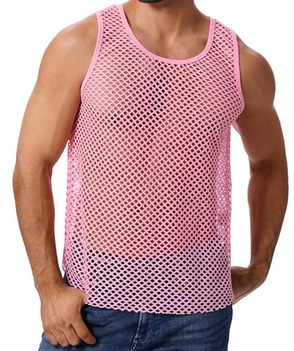 ABAFIP Men's Sleeveless Fishnet Tank Top Mesh Sheer Undershirt Semi See Thru Workout Gym Slim Fitted Muscle Tee Shirt, Pink, Medium