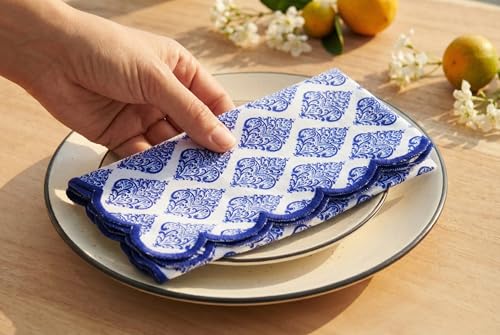 Image of PurpleEssences Scalloped Cloth Napkins 18x18 in - Floral Paisley Edges Blue