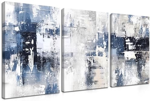Abstract Blue and White Wall Art Set of 3, Modern Simple Navy Framed Canvas Prints Poster, Gray Painting Picture for Living Room, Bedroom, Office Wall Decor 12x16 Inch