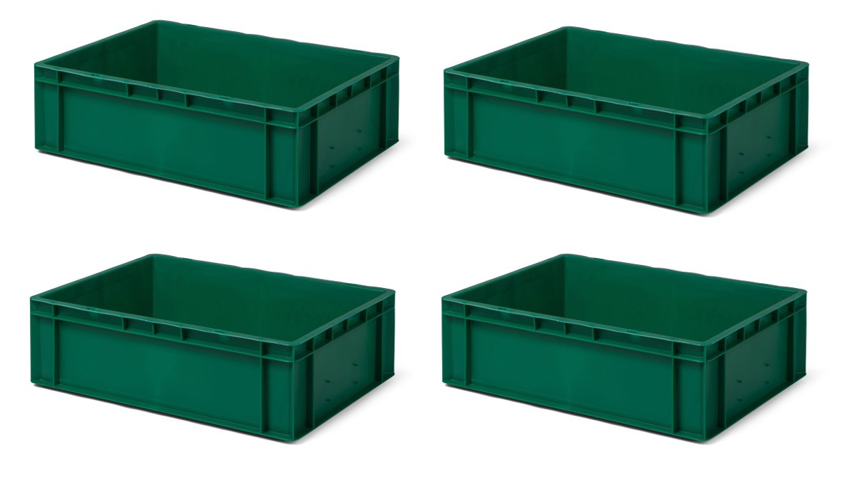 1a-TopStore 4 Stk. Transport-Stapelkasten TK617-0, grün, 600x400x175 mm (LxBxH), aus PP, Volumen: 33 Liter, Traglast: 45 kg, lebensmittelecht, Made In Germany, Industriequalität