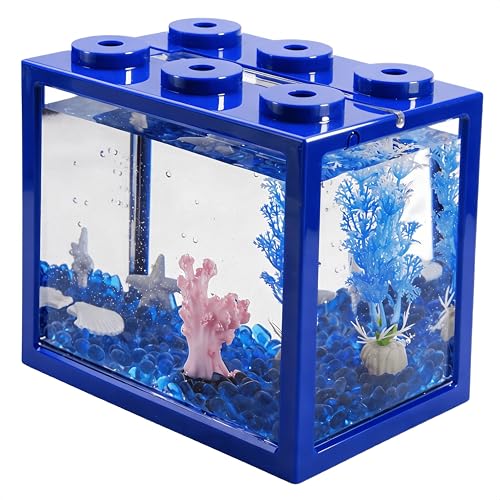 Image of Small Betta Fish Tank, Mini Fish Tank Aquarium Tank Kit with Blue Gravel & Resin Decorations, 0.6 Gallon Stackable Fish Bowl Tiny Desktop Aquarium for Sea Monkey Shrimp (Blue)