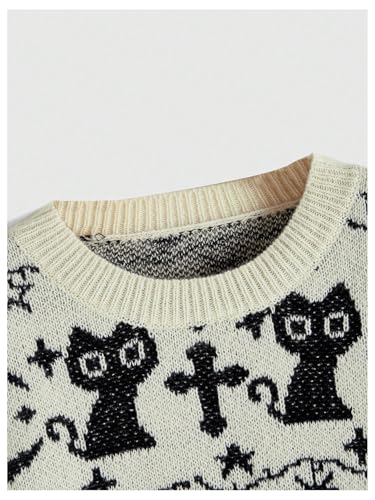 Image of WDIRARA Women's Goth Cartoon Pattern Sweater Knit Pullover Top | Long Sleeve, Crewneck