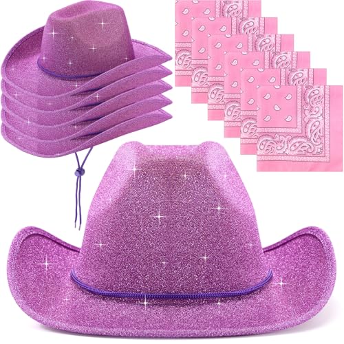 Image of Coume 12 Pcs Sparkly Adults Cowboy Hat and Bandanas Women Men Western Glitter Cowgirl Party Hats with Adjustable Drawstring