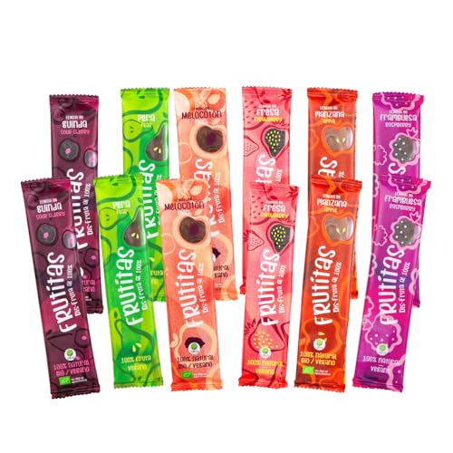 Frutitas Snack de Fruta Surtido 100% Natural Sin Azúcar Añadido Fuente Natural de Fibra Chuches Saludables, Ideal para Merienda Escolar para Niños Vegano Pack 12 Unidades