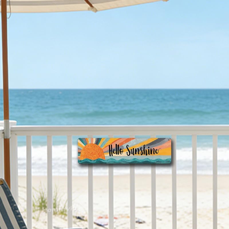 Decorative Tin Sign Hello Sunshine with Sunrise and Ocean Waves Design 100% Aluminum Rustproof Corrosion Resistant for Beach House Kitchen and Cheerful Coastal Themed Wall Decor 4 * 16Inches image 5