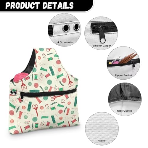 Image of Yarn Bag Portable Crochet Tote Bag Large Canvas Wrist Bag for Crochet and Knitting On The Go, Cute Sewing Print Project Bag Holds Supplies and Needles or Hooks, Easy to Carry