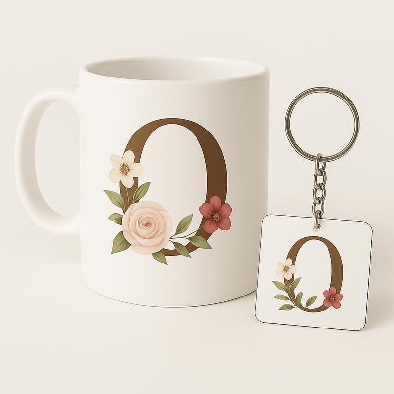 Image of Letter O Mug and Keychain Set - Elegant Floral Monogram Gift for Her /Him - Coffee Cup and Key Ring with Initial O - Coffee Mug for Everyone Any Occasion 4646 15