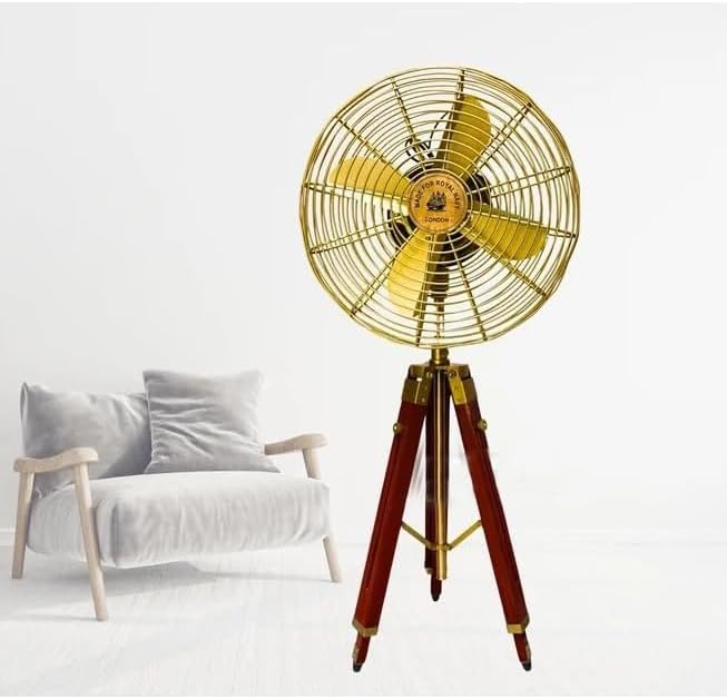 Miniatura 9 de Ventilador eléctrico con cable hecho a mano de latón antiguo estilo vintage con soporte de trípode ajustable de madera, diseño retro, coleccionable