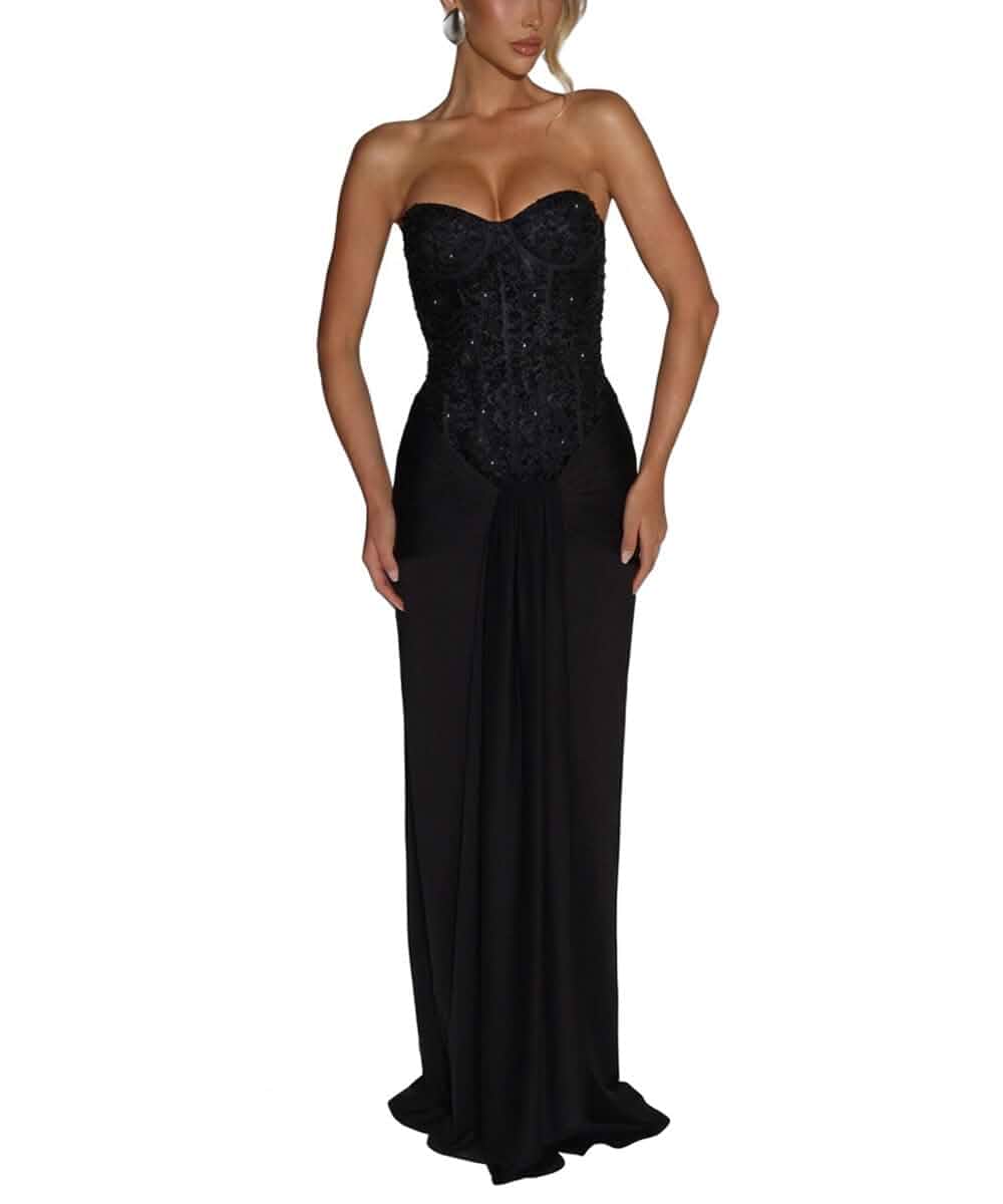 Womens Strapless Tie Waist Bodycon Long Formal Dress Sexy Elegant Tube Sequin Ruched Cocktail Evening Party Wedding Guest Prom Dresses