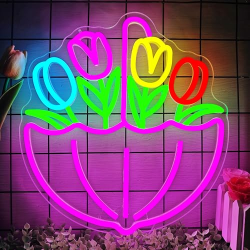 hhuohuona Spring Flower Umbrella Neon Sign Dimmable Tulips Neon Lights