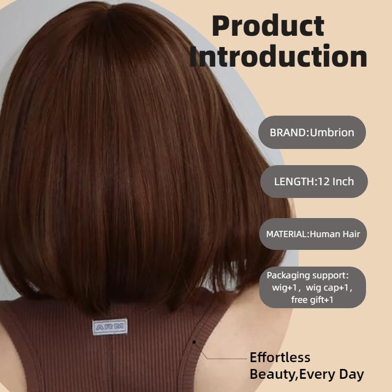 Short Straight Bob Brown Human Hair Wigs With Bangs Natural Look Glueless For Women Daily Use (Dark Brown)