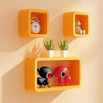 Cube Floating Wall Shelves, Shelf Bookcase Bookcase Wall Shelves, 3 Sets of Storage Display Shelves, Living Room Sofa Bedroom TV Background Wall Hanging CabinetOrange