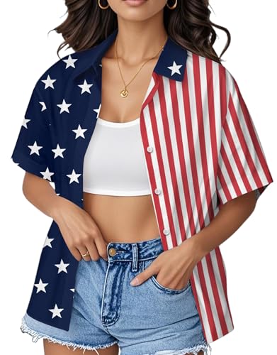 Image of Ithalt 4th of July Hawaiian Shirts Women American Flag Patriotic Short Sleeve Button Down Outfits Summer Vacation Tops