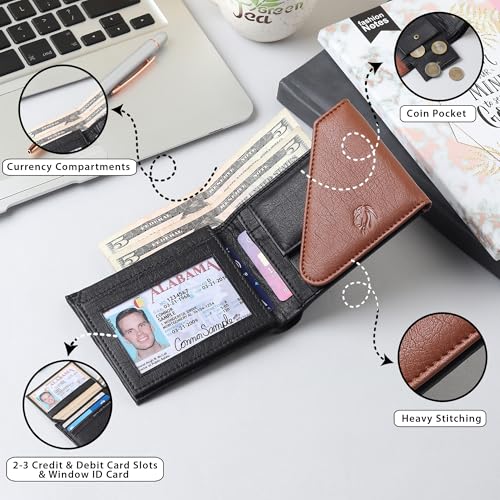 Image of VEMILIO Men's Vegan Leather Wallet for Men | Edge Cut Slim Bi-Fold Gents Purse | Stylish Wallet with Coin Pocket | 3 Card Slots | ID Window & 2 Currency Compartments (Brown & Black)