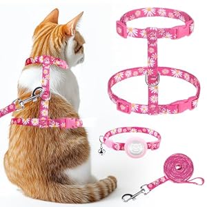 KOOLTAIL Cat Harness and Leash Set Escape Proof with Airtag Holder Collars (3 in 1), Comfortable Lightweight Adjustable Kitten Harness for Small Medium Large Cats Safe Walking & Travel,Pink Daisy