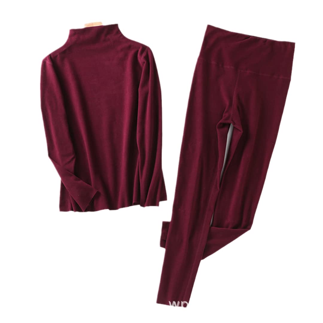 Disimlarl Damen Große Größe Hoher Kragen Bequem Velours Thermounterwäsche Set, Rotwein-Set, 48