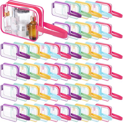 Silkfly 50 Pack Bright Color Clear Toiletry Bag PVC Travel Cosmetic Bag with Handle Strap Makeup Pouch with Zipper for Women Summer Vacation Salon Teacher Gift